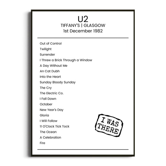 U2 Glasgow 01 December 1982 Setlist Poster