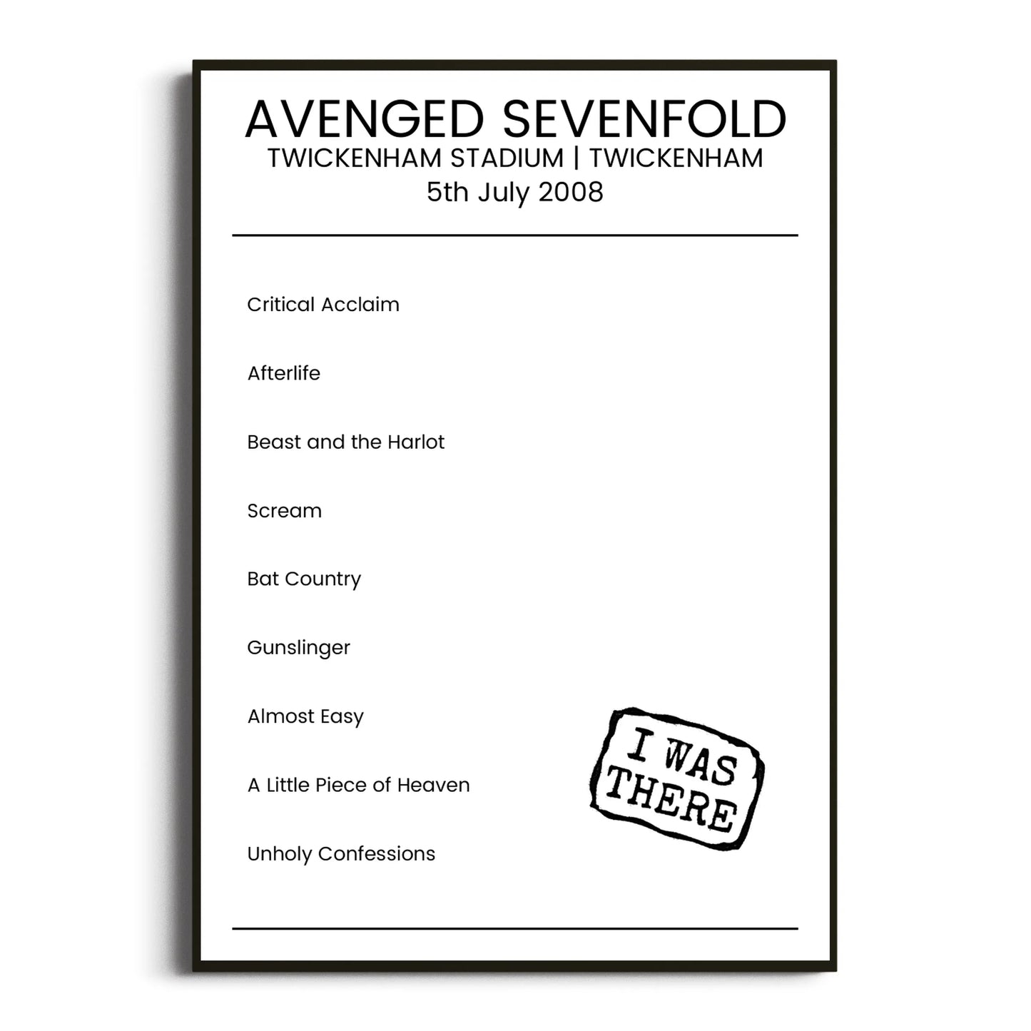 Avenged Sevenfold Twickenham 05 July 2008 Setlist Poster