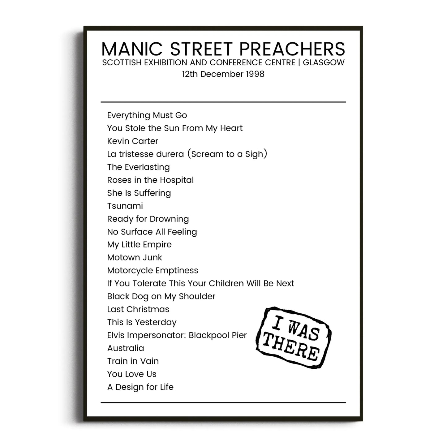 Manic Street Preachers Glasgow 12 December 1998 Setlist Poster