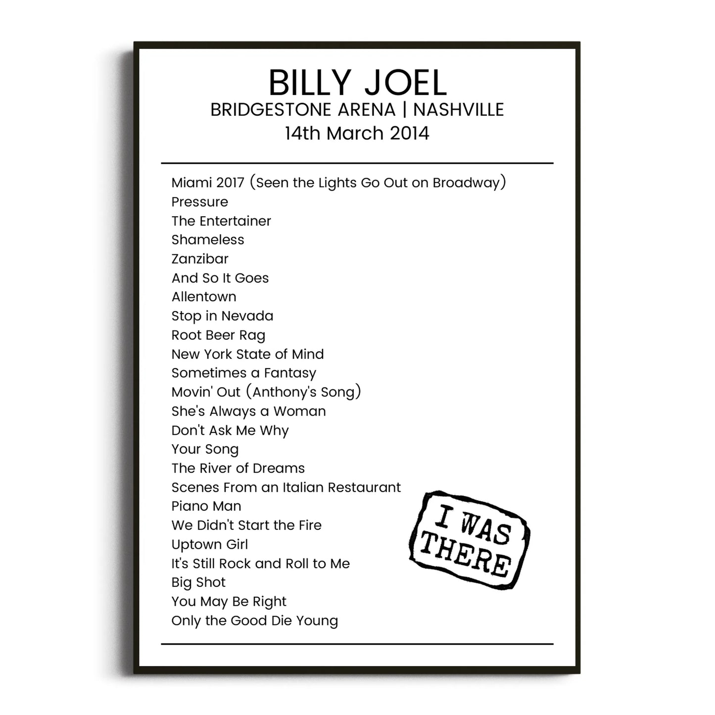 Billy Joel Nashville 14 March 2014 Setlist Poster