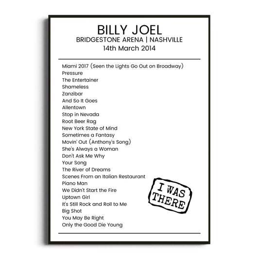 Billy Joel Nashville 14 March 2014 Setlist Poster