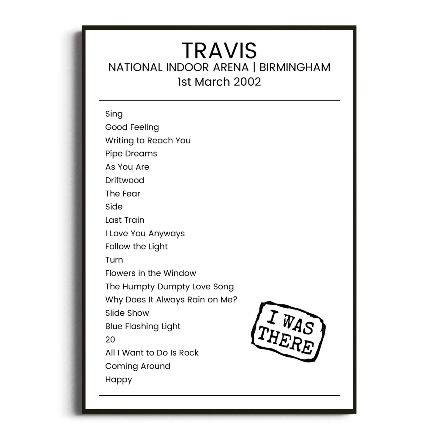 Travis Birmingham 01 March 2002 Setlist Poster