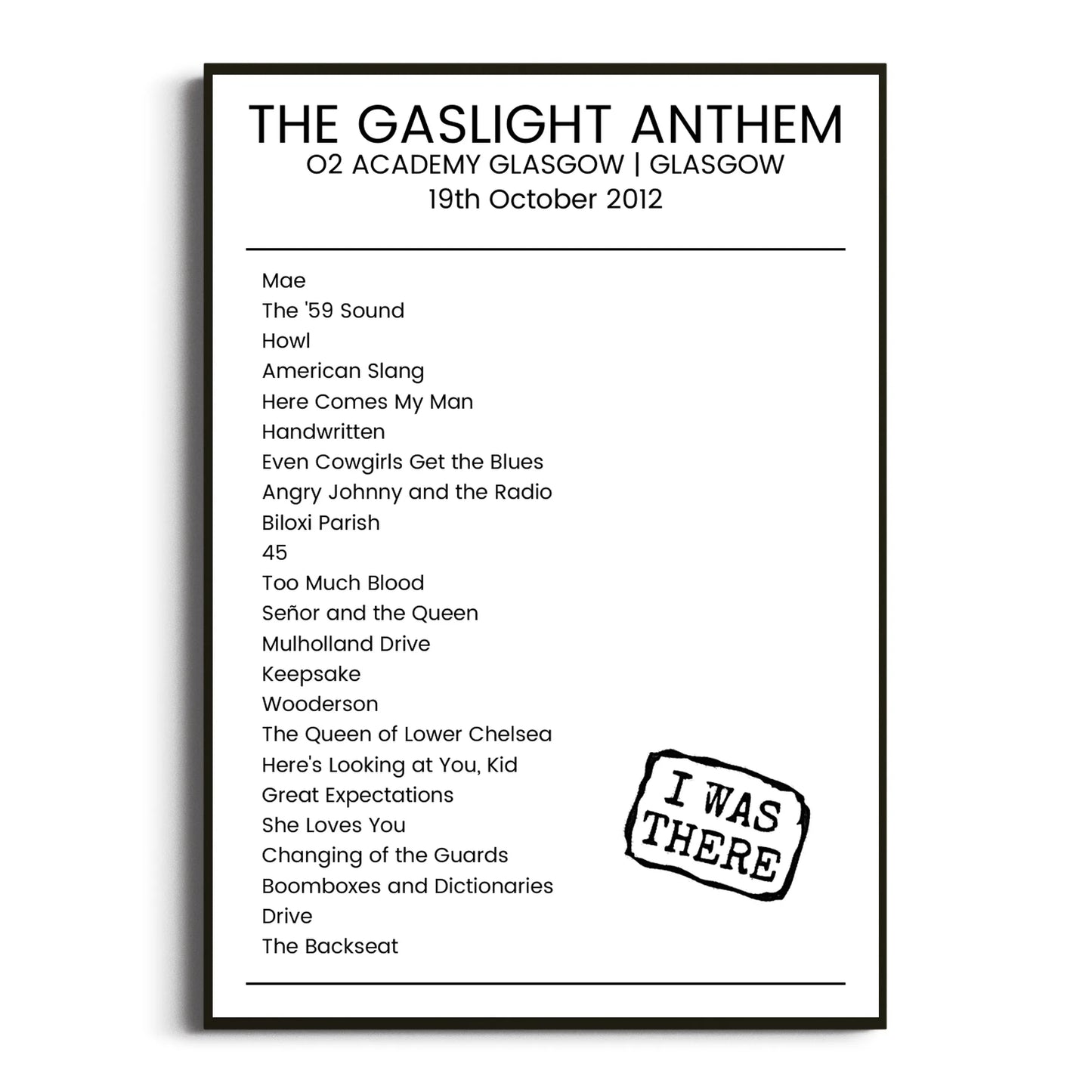 The Gaslight Anthem Glasgow 19 October 2012 Setlist Poster