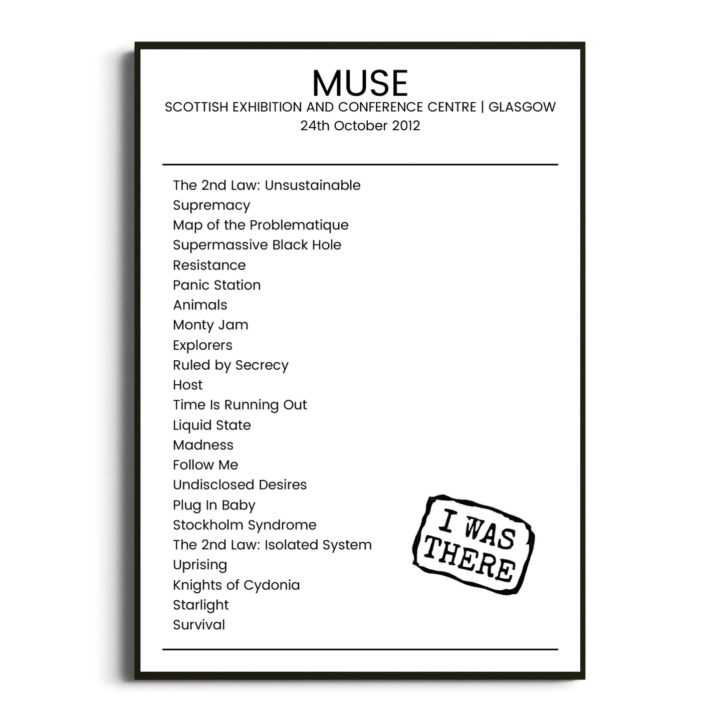 Muse Glasgow 24 October 2012 Setlist Poster