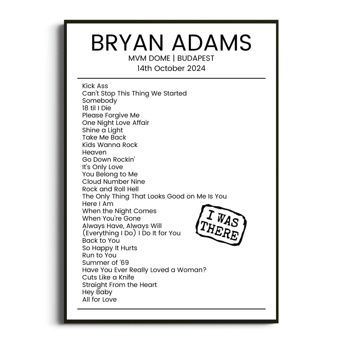 Bryan Adams Budapest 14 October 2024 Setlist Poster