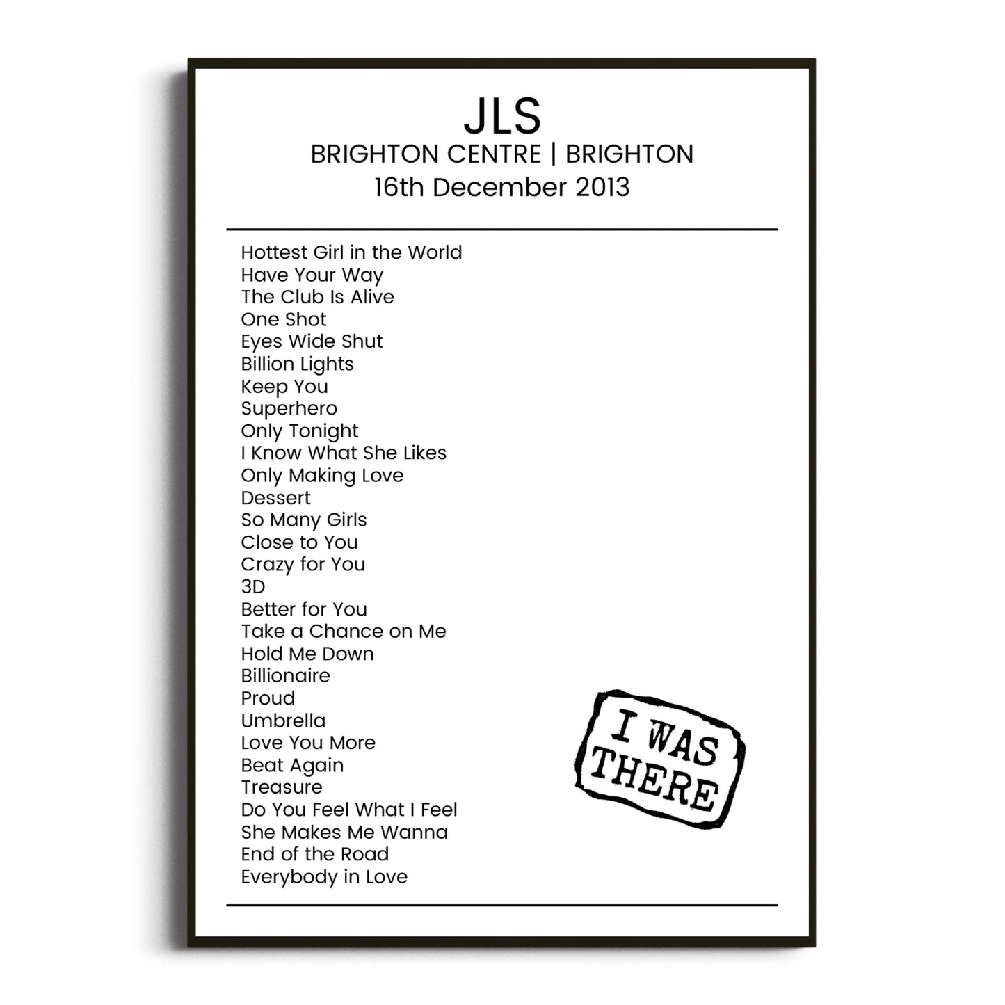 JLS Brighton 16 December 2013 Setlist Poster