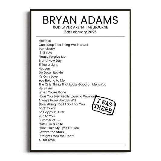 Bryan Adams Melbourne 06 February 2025 Setlist Poster