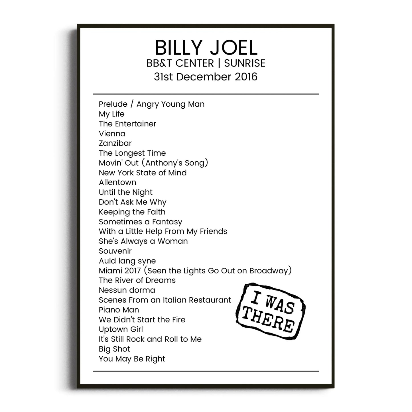 Billy Joel Sunrise 31 December 2016 Setlist Poster