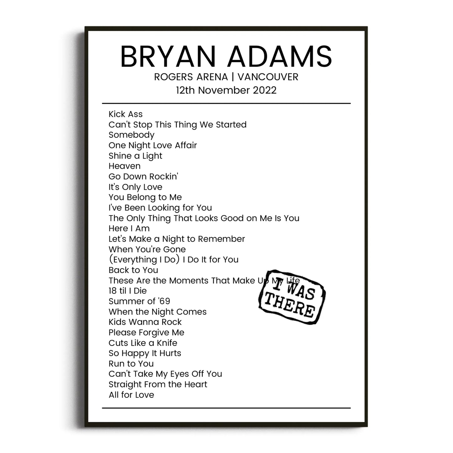 Bryan Adams Vancouver 12 November 2022 Setlist Poster