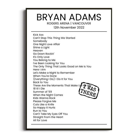 Bryan Adams Vancouver 12 November 2022 Setlist Poster