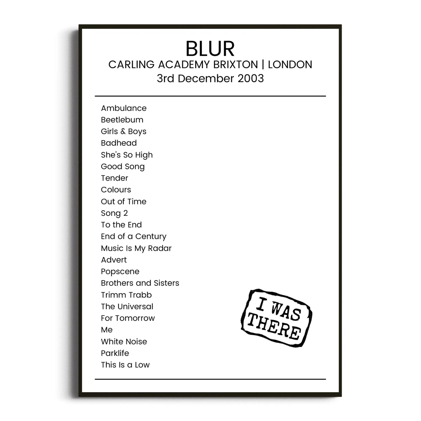 Blur London 03 December 2003 Setlist Poster