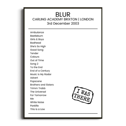 Blur London 03 December 2003 Setlist Poster