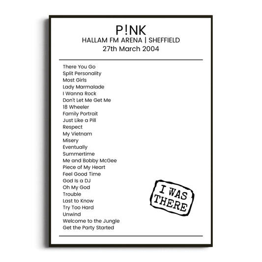 P!nk Sheffield 27 March 2004 Setlist Poster