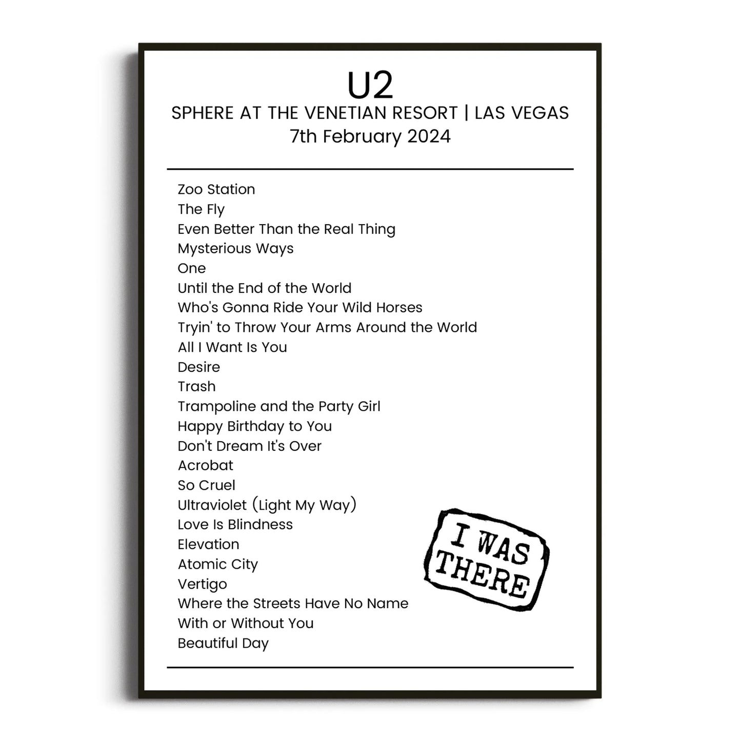 U2 Las Vegas 07 February 2024 Setlist Poster