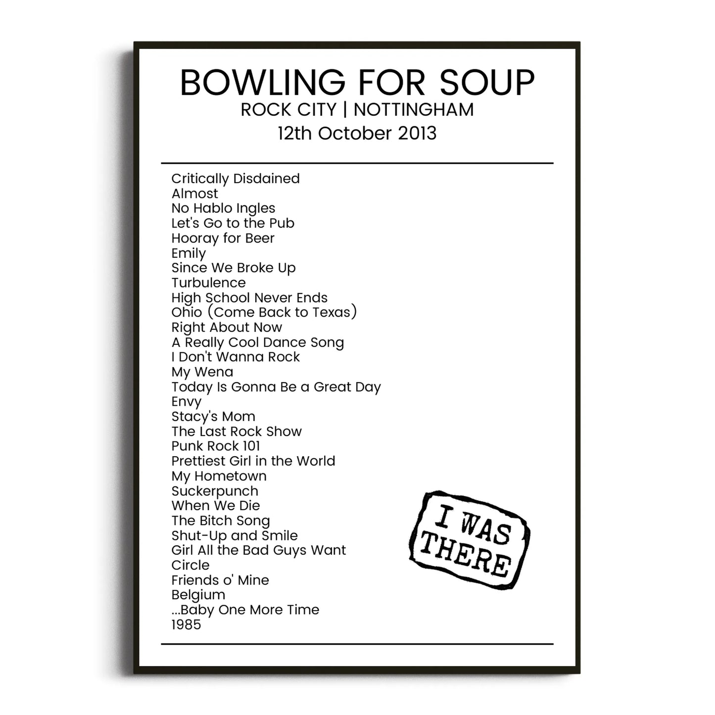 Bowling for Soup Nottingham 12 October 2013 Setlist Poster