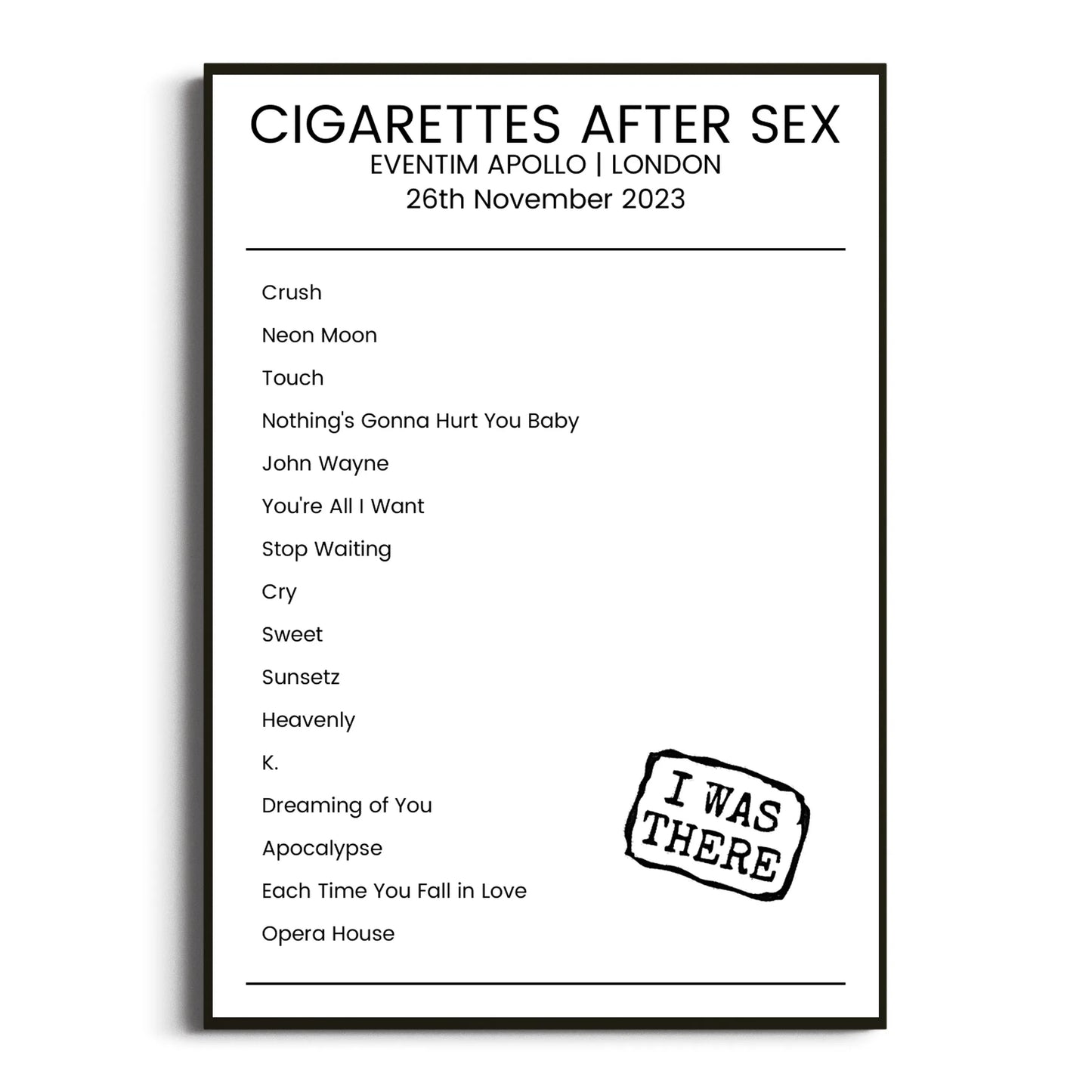 Cigarettes After Sex London 26 November 2023 Setlist Poster