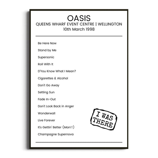 Oasis Wellington 10 March 1998 Setlist Poster