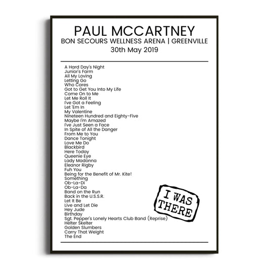 Paul McCartney Greenville 30 May 2019 Setlist Poster