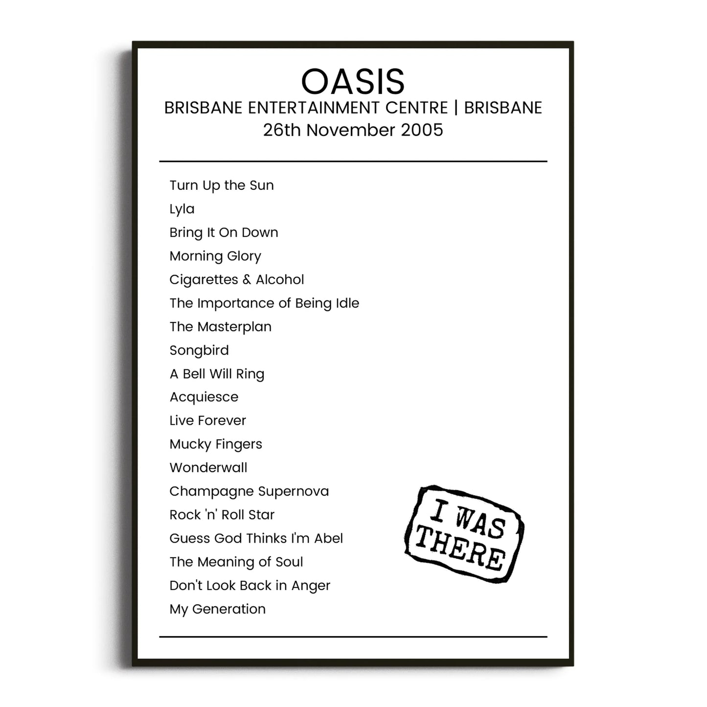 Oasis Brisbane 26 November 2005 Setlist Poster