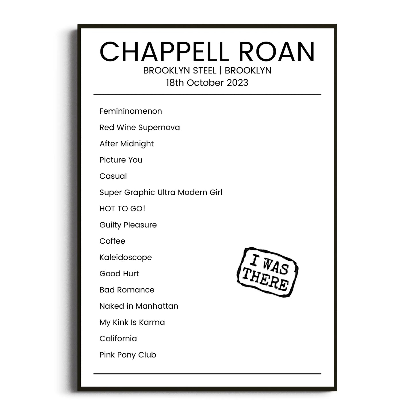 Chappell Roan Brooklyn 18 October 2023 Setlist Poster