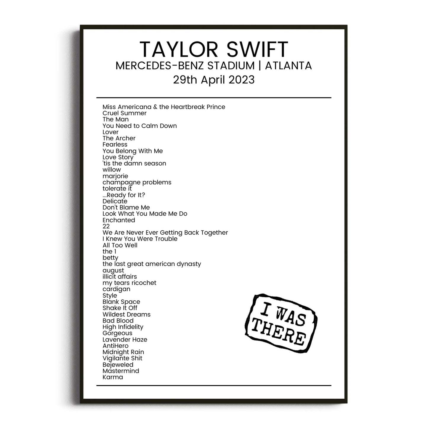 Taylor Swift Atlanta 29 April 2023 Setlist Poster