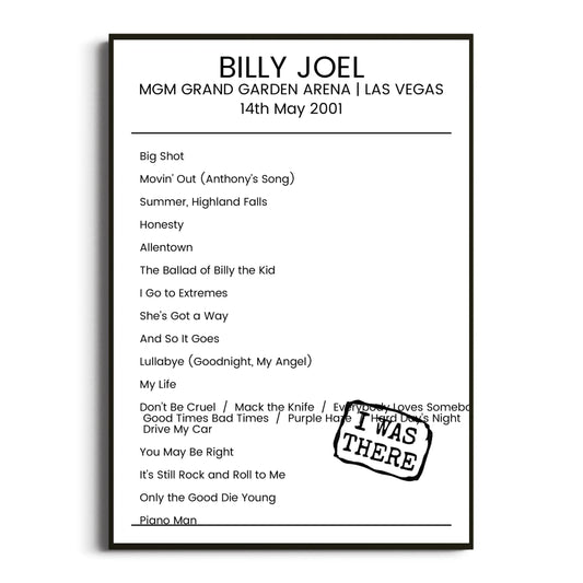 Billy Joel Las Vegas 14 May 2001 Setlist Poster