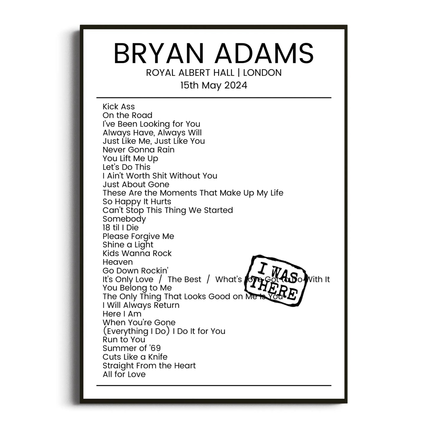 Bryan Adams London 15 May 2024 Setlist Poster