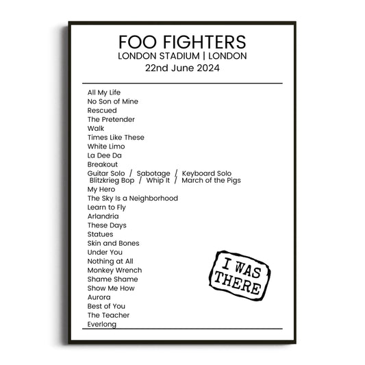 Foo Fighters London 22 June 2024 Setlist Poster