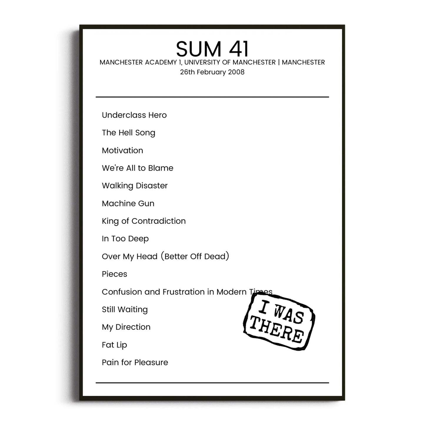 Sum 41 Manchester 26 February 2008 Setlist Poster