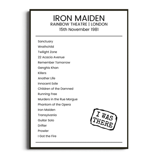 Iron Maiden London 15 November 1981 Setlist Poster