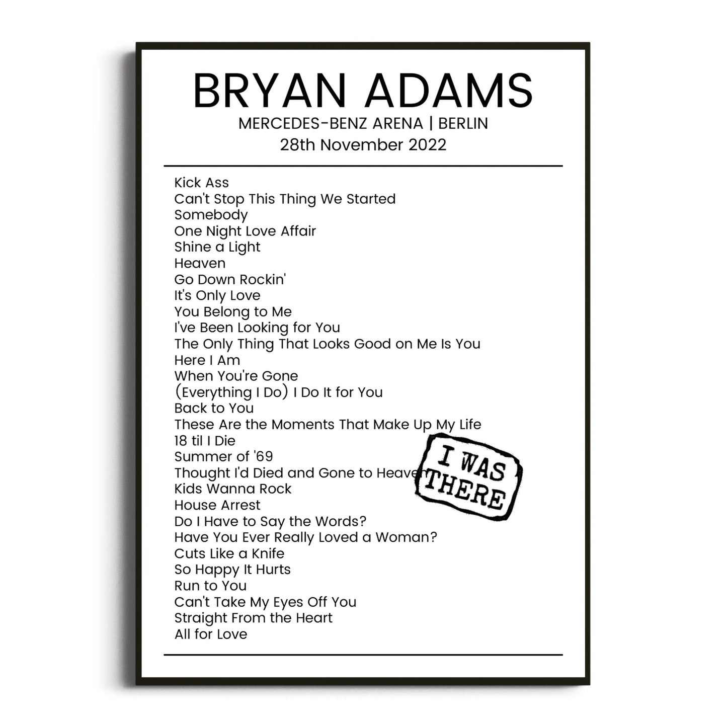 Bryan Adams Berlin 28 November 2022 Setlist Poster