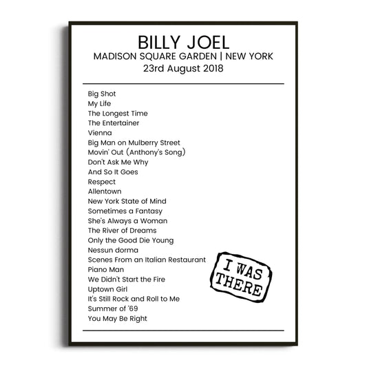 Billy Joel New York 23 August 2018 Setlist Poster