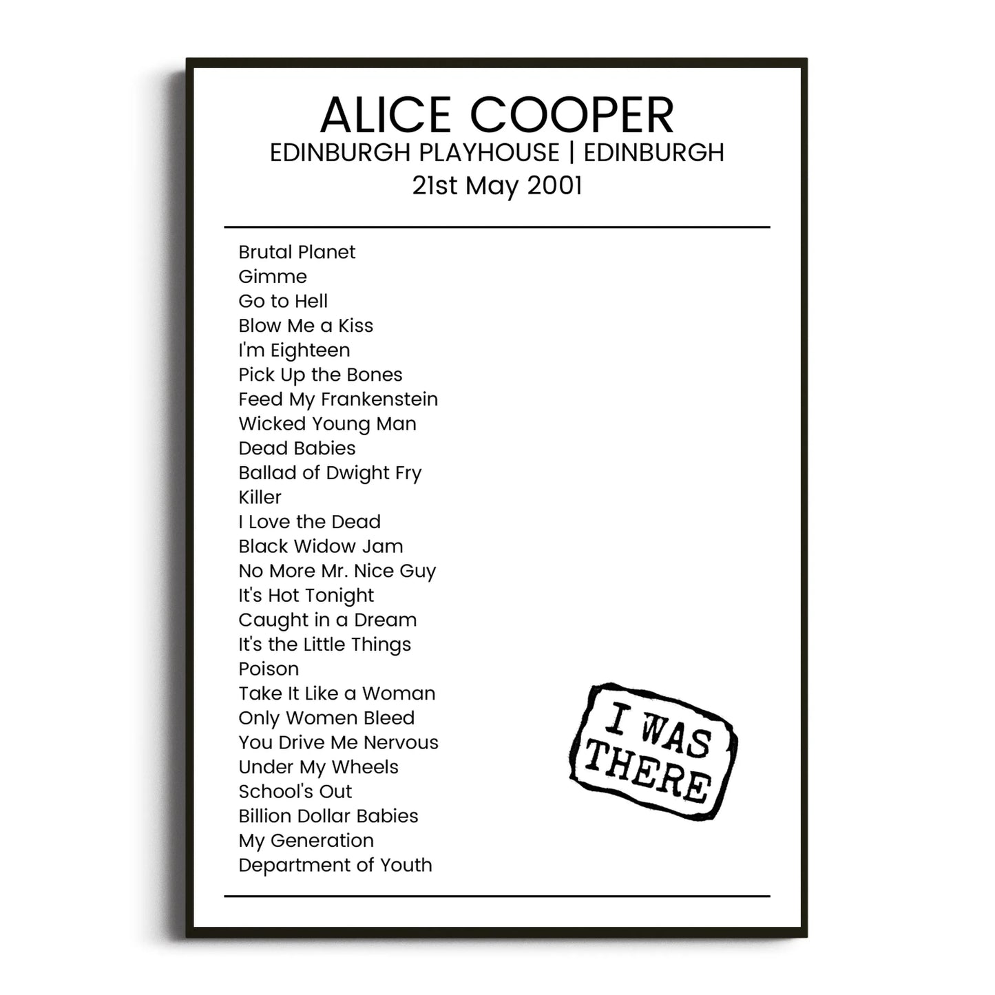 Alice Cooper Edinburgh 21 May 2001 Setlist Poster