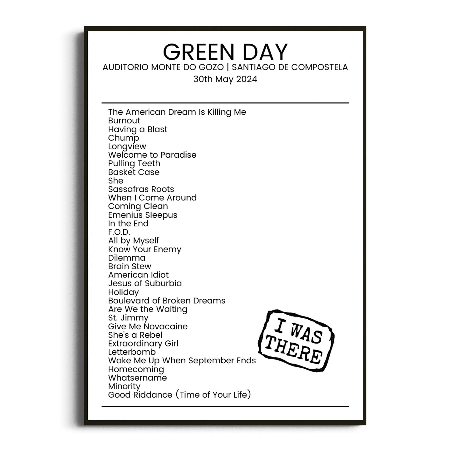 Green Day Santiago de Compostela 30 May 2024 Setlist Poster