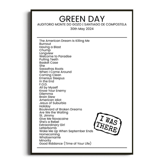 Green Day Santiago de Compostela 30 May 2024 Setlist Poster