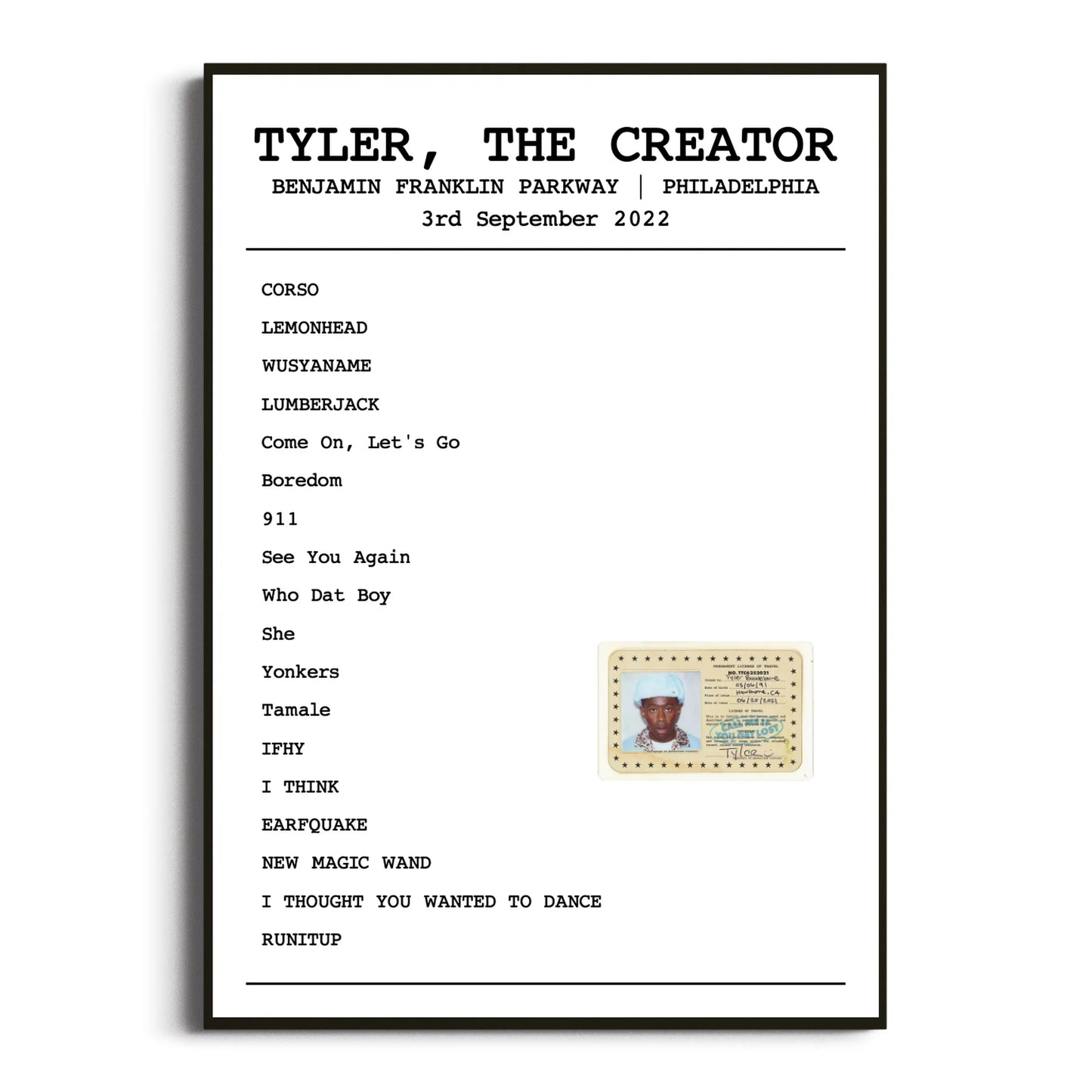 Tyler, The Creator Philadelphia 03 September 2022 Setlist Poster