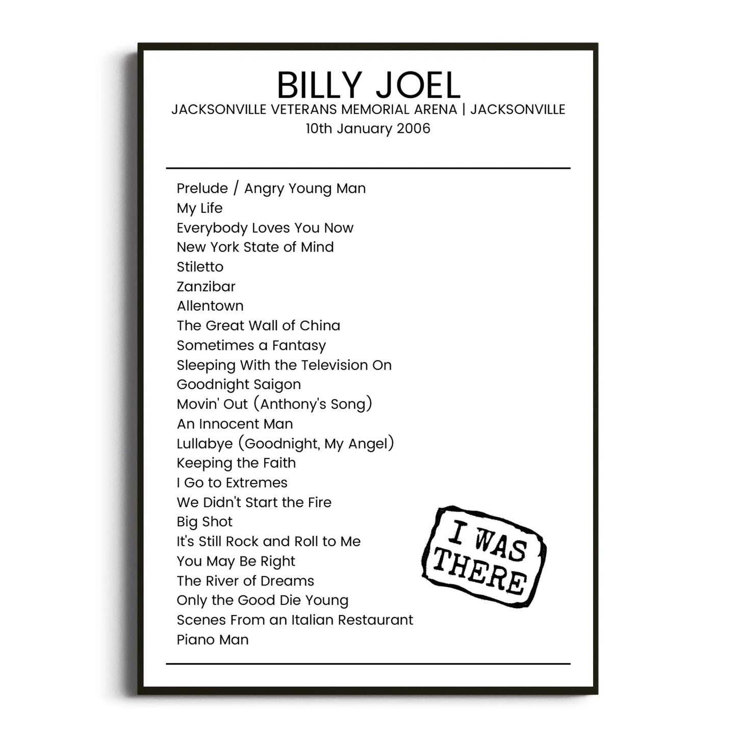 Billy Joel Jacksonville 10 January 2006 Setlist Poster