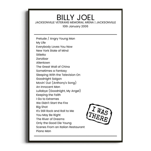 Billy Joel Jacksonville 10 January 2006 Setlist Poster