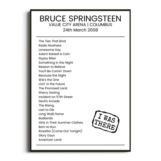 Bruce Springsteen Columbus 24 March 2008 Setlist Poster