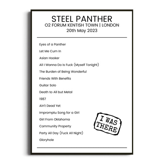 Steel Panther London 20 May 2023 Setlist Poster