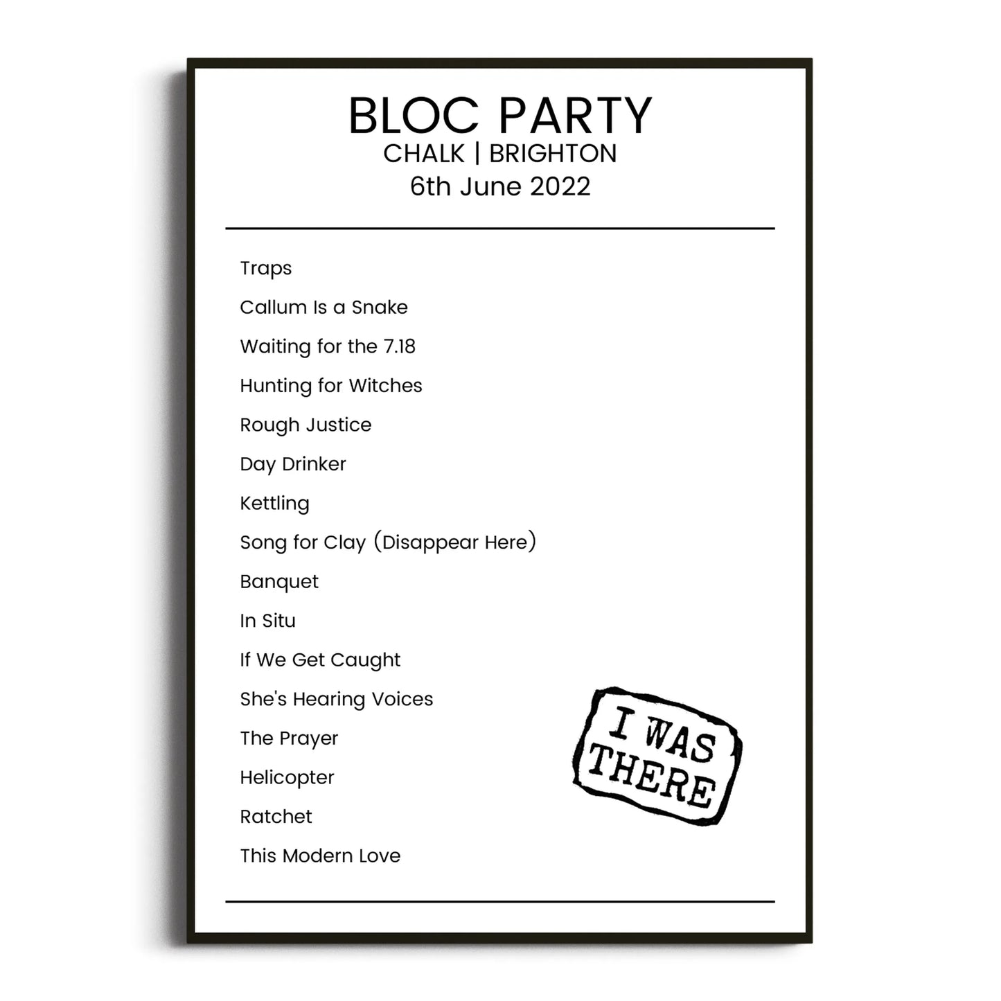 Bloc Party Brighton 06 June 2022 Setlist Poster