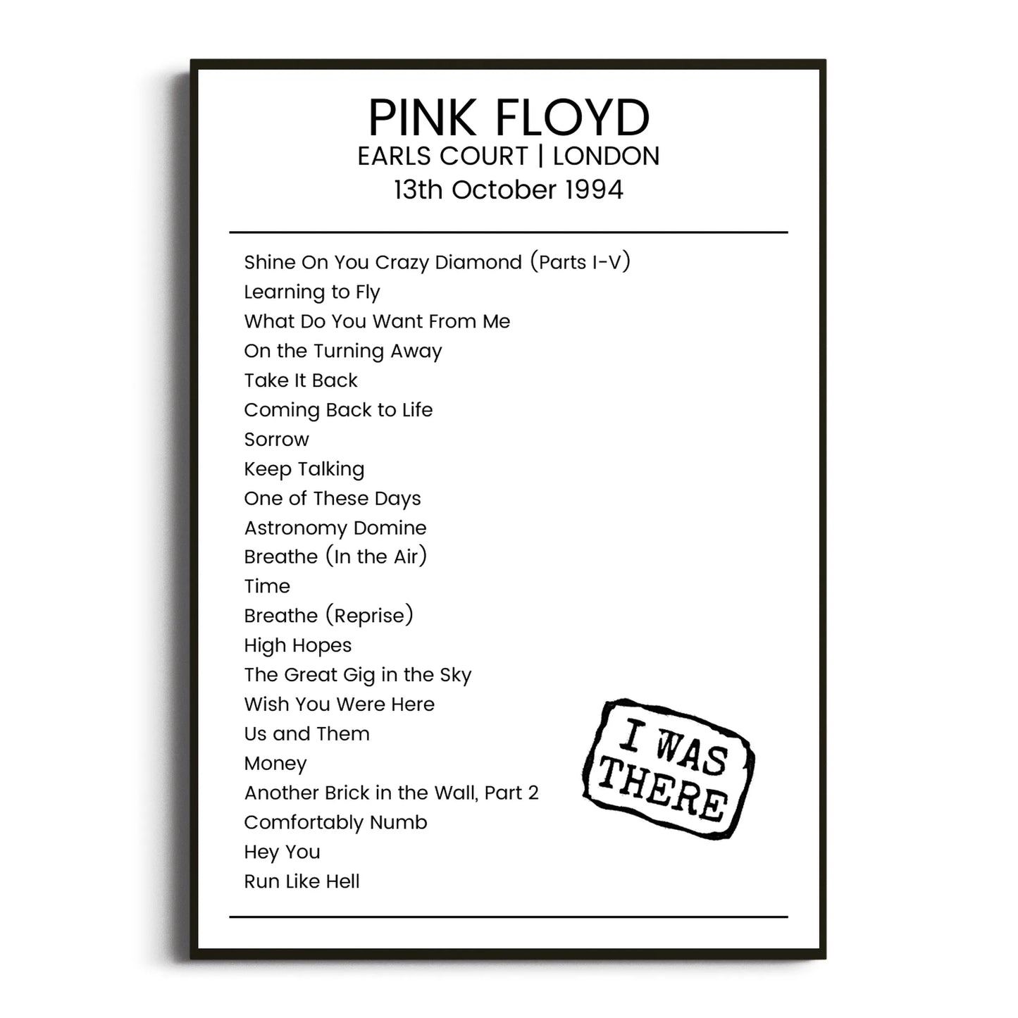 Pink Floyd London 13 October 1994 Setlist Poster