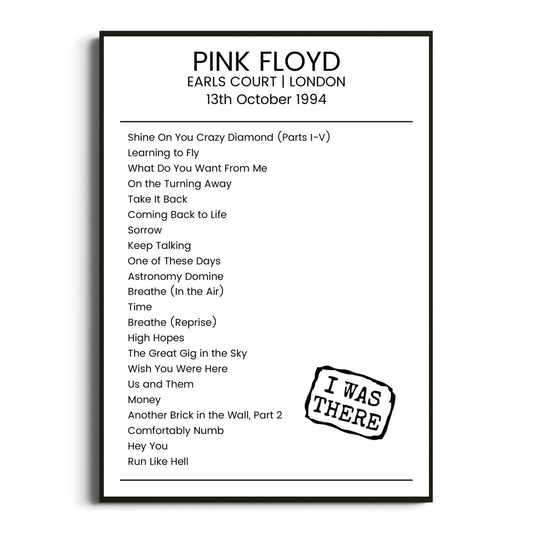 Pink Floyd London 13 October 1994 Setlist Poster