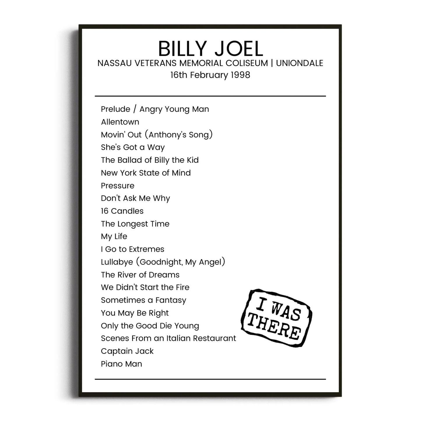 Billy Joel Uniondale 16 February 1998 Setlist Poster