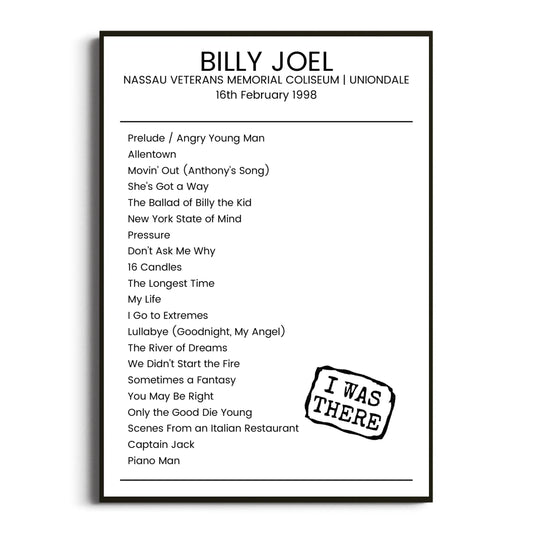 Billy Joel Uniondale 16 February 1998 Setlist Poster