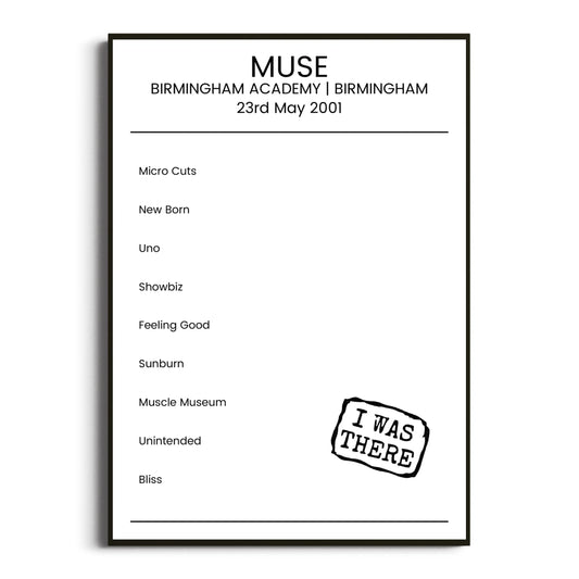 Muse Birmingham 23 May 2001 Setlist Poster