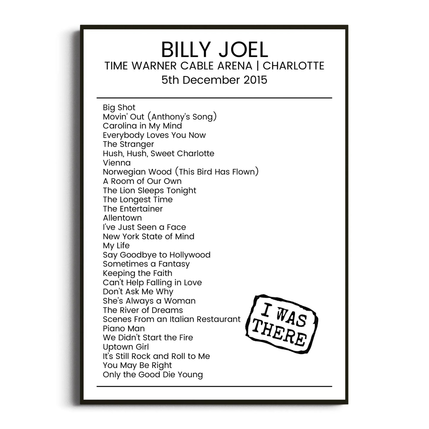 Billy Joel Charlotte 05 December 2015 Setlist Poster