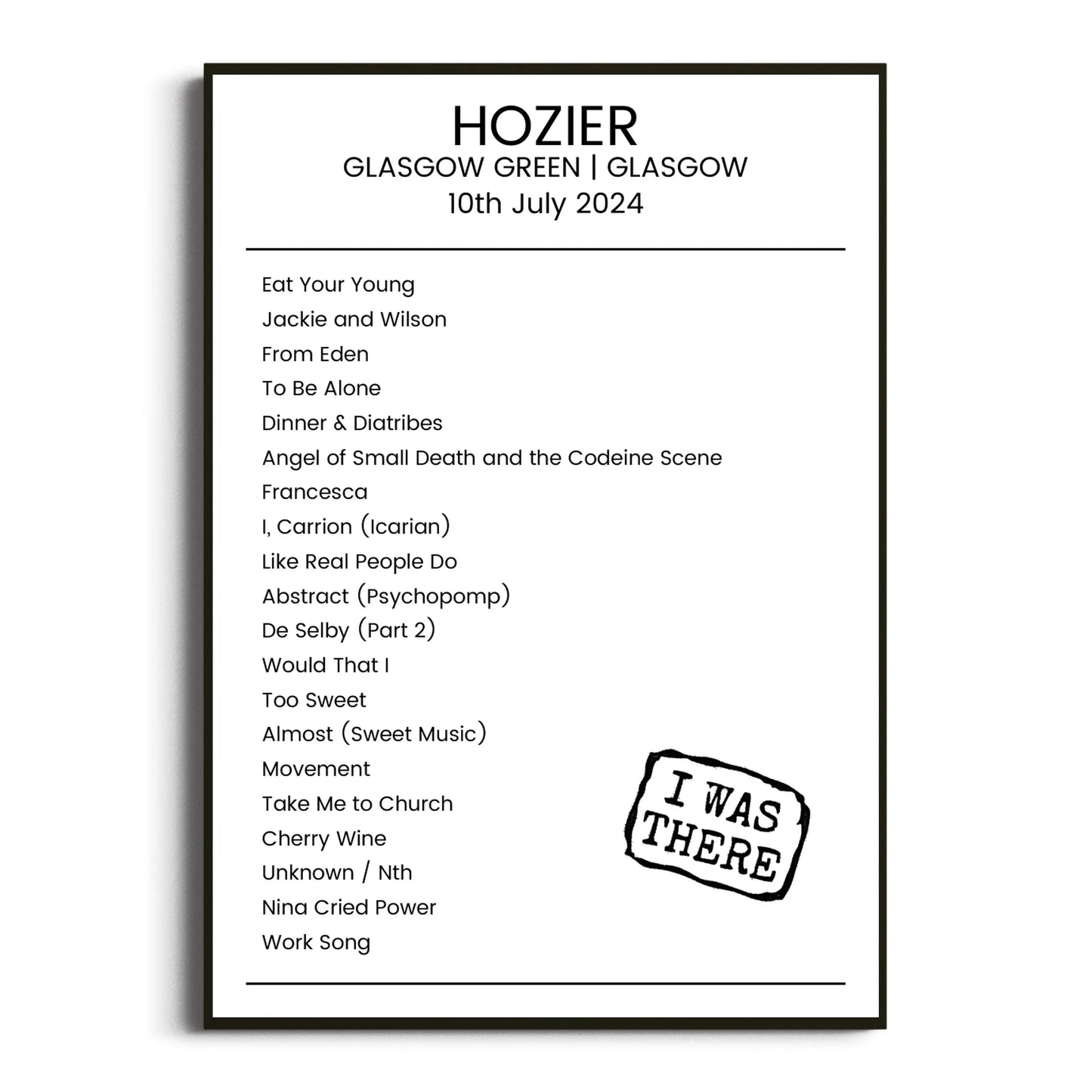 Hozier Glasgow 10 July 2024 Setlist Poster