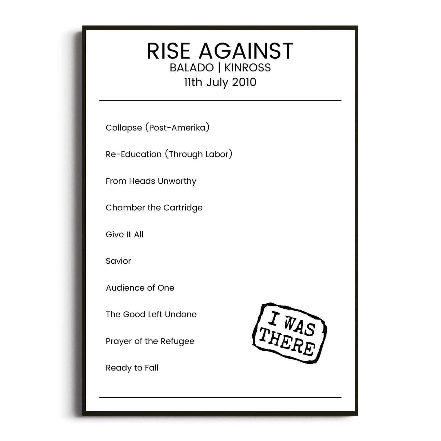 Rise Against Kinross 11 July 2010 Setlist Poster