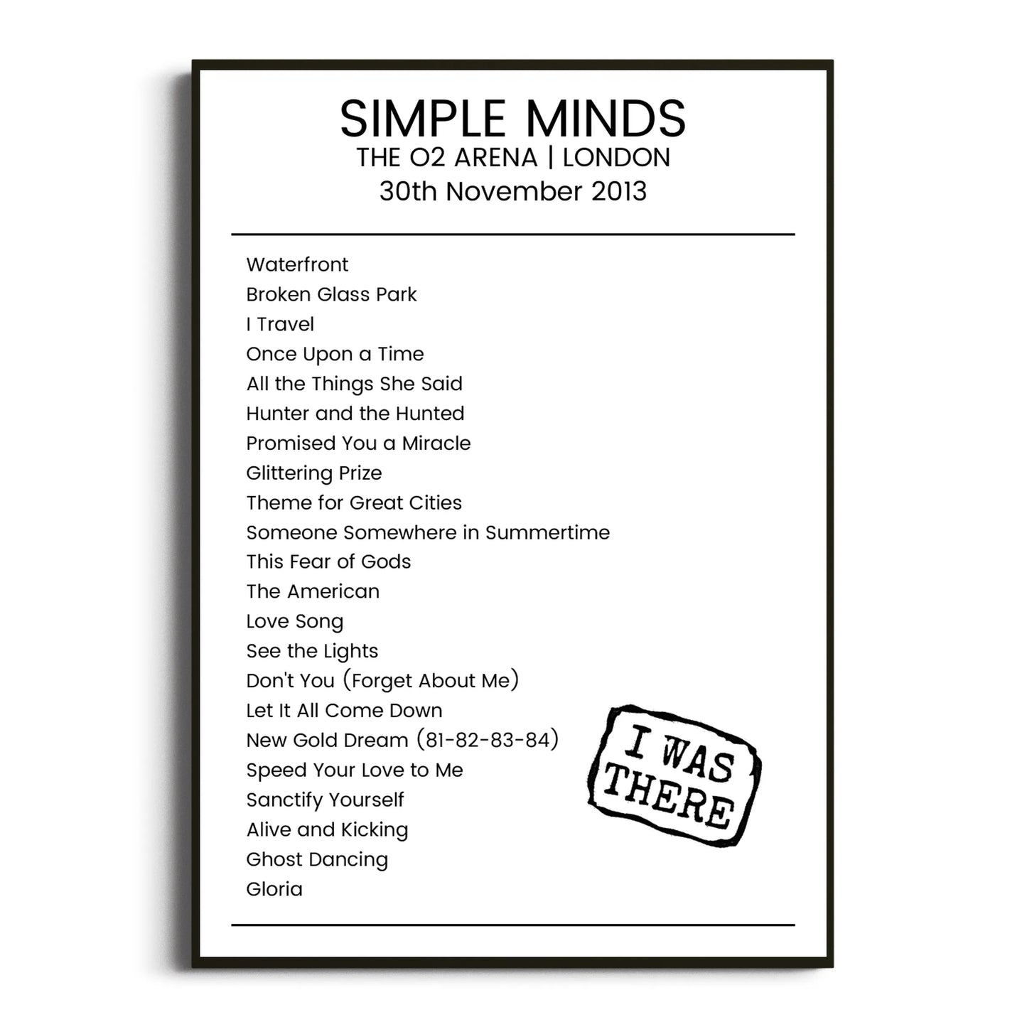 Simple Minds London 30 November 2013 Setlist Poster